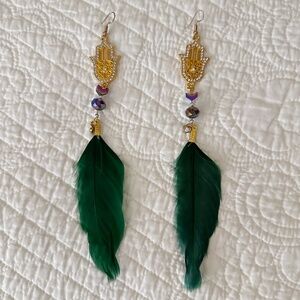 Hamsa Hand Handmade Boho Feather Crystal Earrings